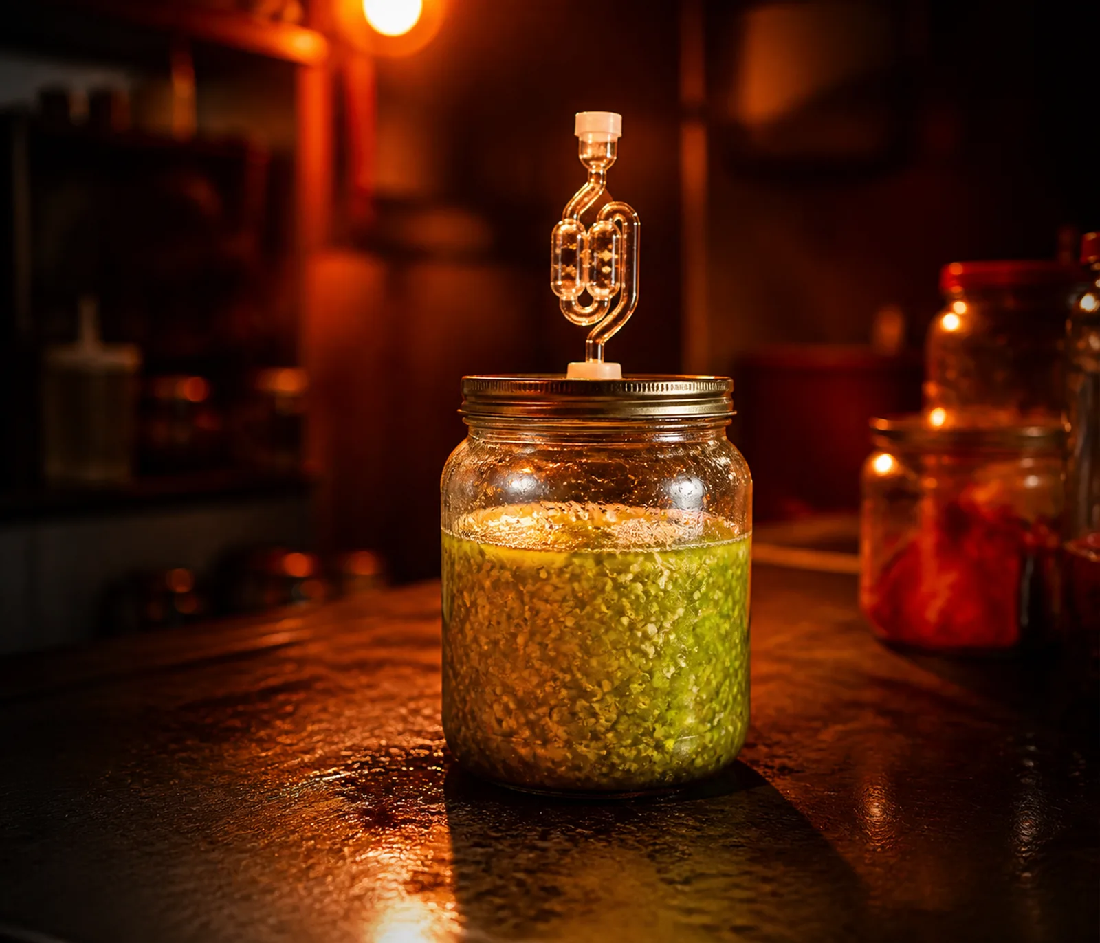 A glass ferment jar on a steel bench with an airlock on top.
