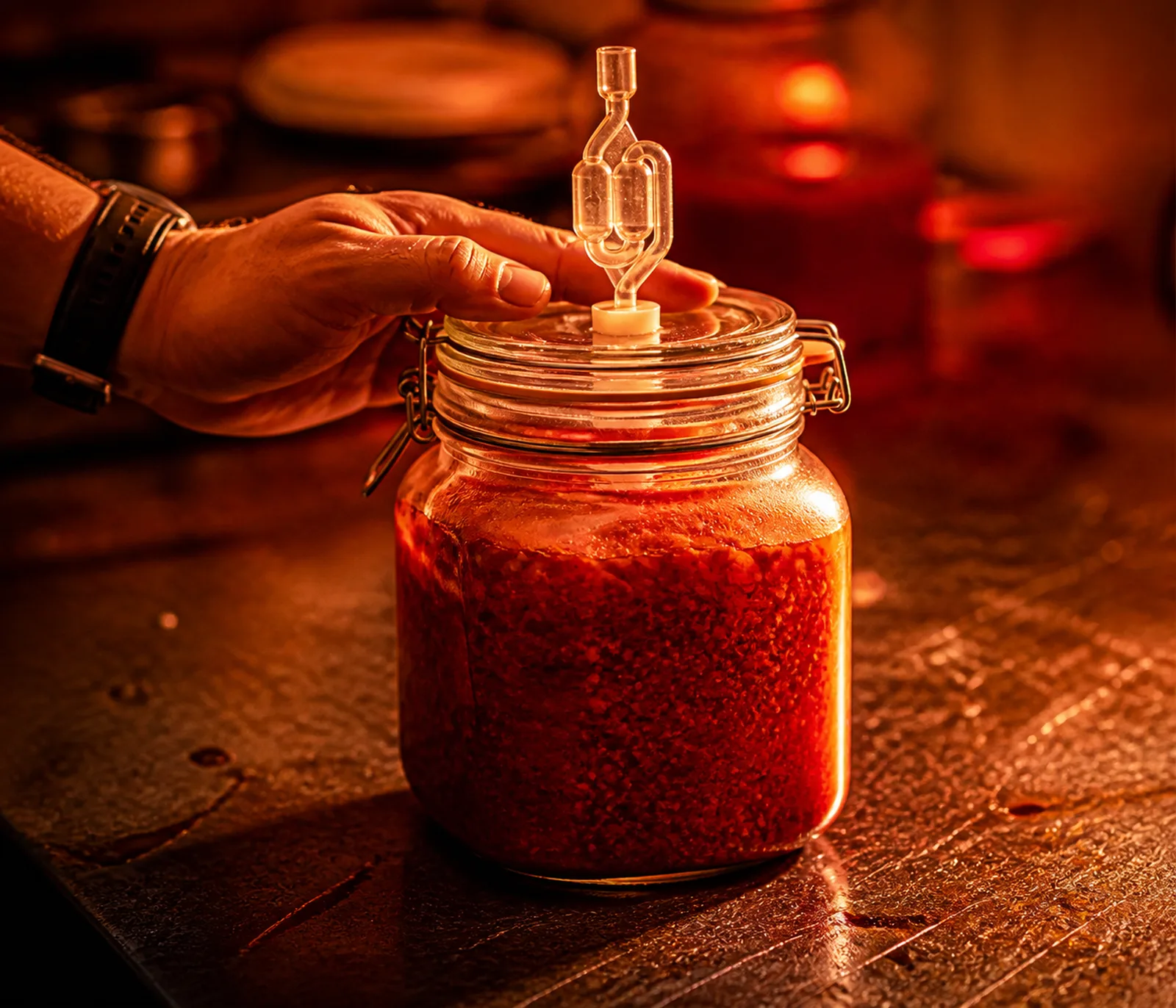 A second jar holding a darker mash, a hand resting on the lid.