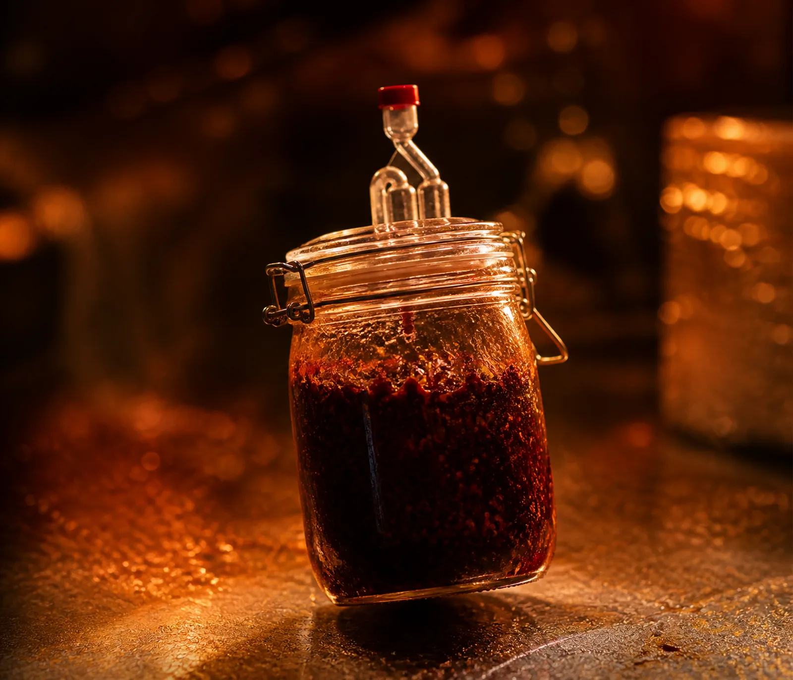 A third jar tipped toward the light with bubbles against the glass.