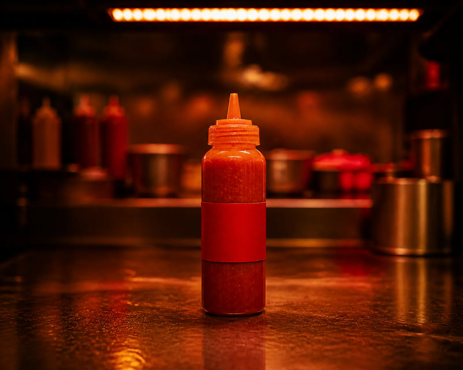 The red bottle on the same counter under the same light.