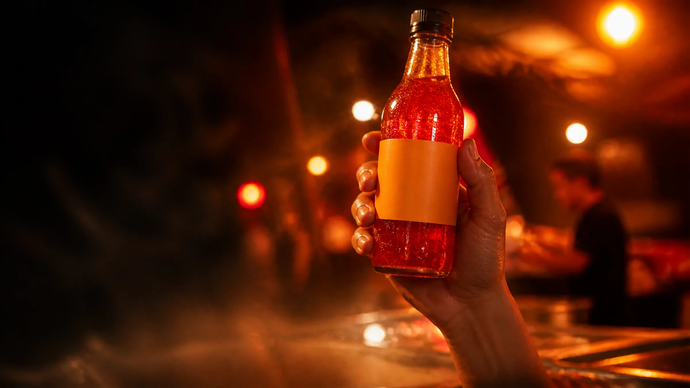 A bottle held in one hand at chest height with market lights behind it.