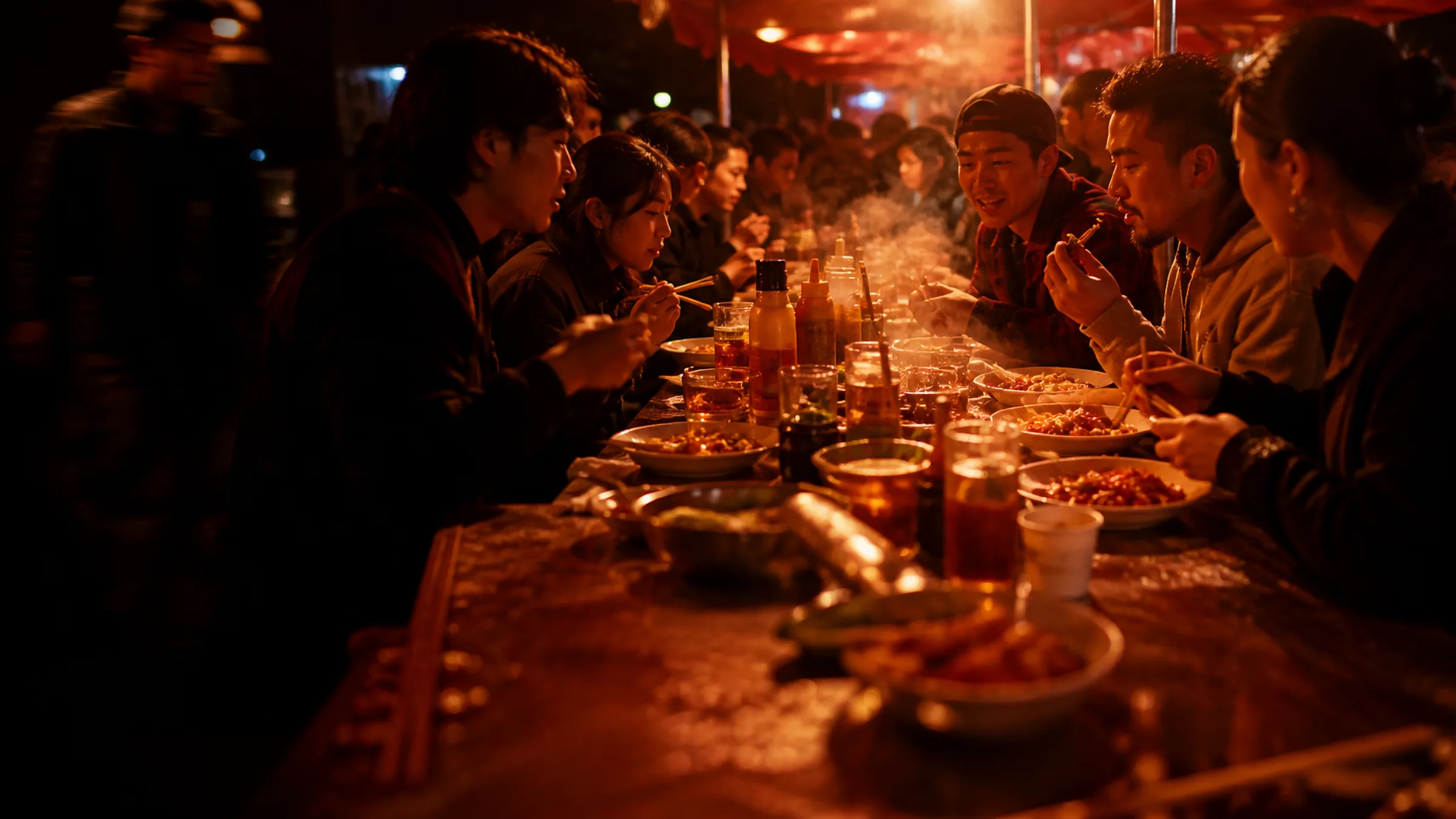 A long shared table shot down its length, packed, bottles between the plates.