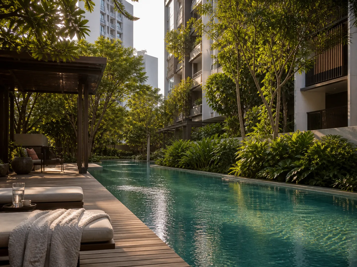A condominium lap pool and timber deck framed by heavy tropical planting in late afternoon light.
