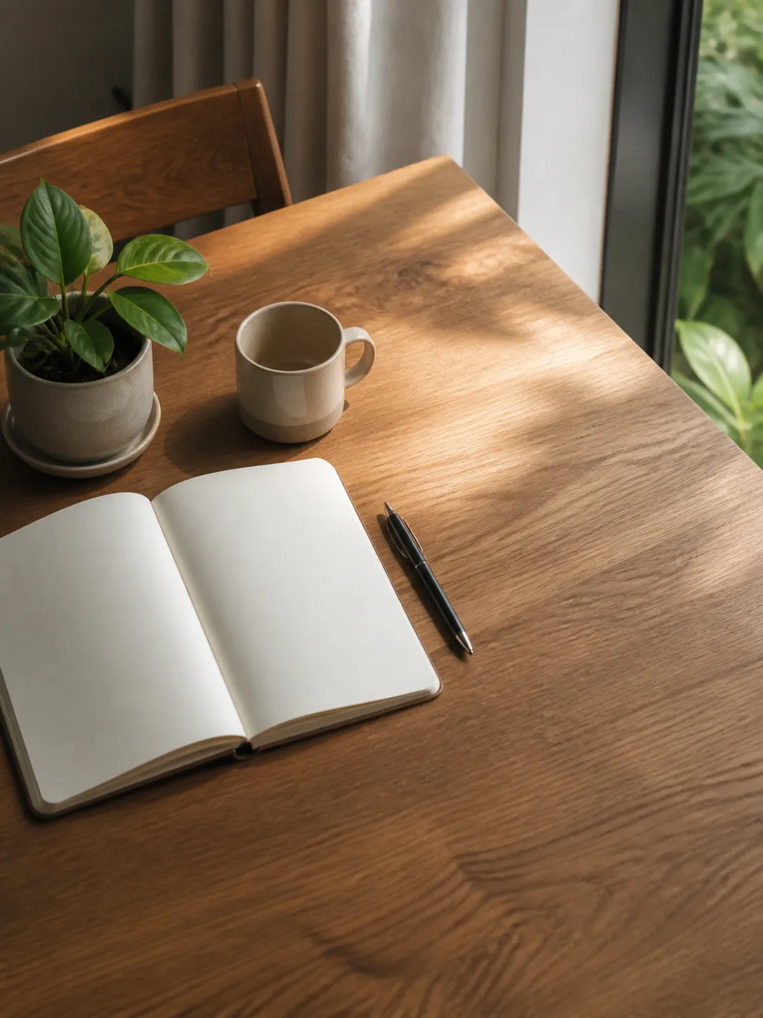 A timber table by a window with an open notebook, a pen, a cup and a small plant.