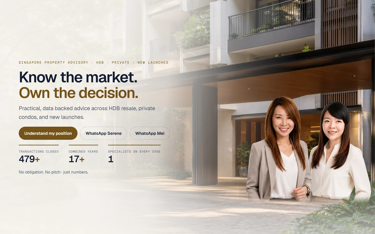 The Decision hero: two named specialists outside a Singapore condominium, under the line 'Know the market. Own the decision.'