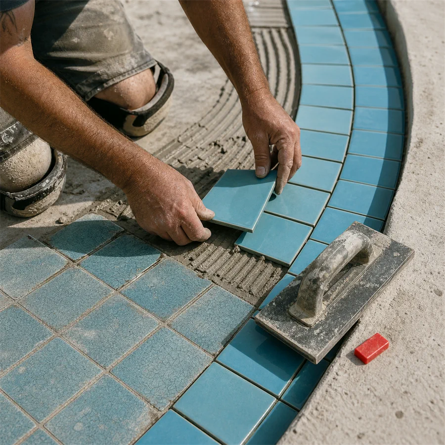 A hand setting glazed tiles against a surviving original section.